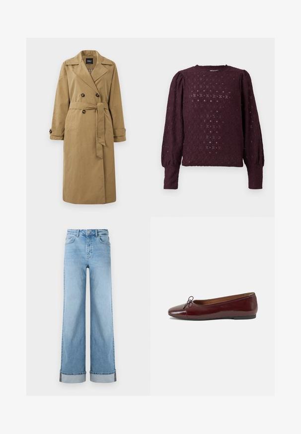 Khaki värvi trench coat, mis on valmistatud kangast, millel on kahekordne rinnakk, suured nööbid ja sidumisrihm koos üles pööratud varrukatega.; Tumedast lillast pitsist pluus, millel on pikad varrukad, puhvvarrukad ja istuvad mansetid, kaunistatud teemant- ja lillemustritega.; Heledad sinine laiem jakk klassikalisest denimist, kõrge vöökohaga, rullitud servade ja nähtava õmblusega.; Burgundi patendnahk kingad balletitüüpi, ümmarguse ninaosa, ees väike paelaaktsent ja madal must kummist tald. Sile tekstuur.