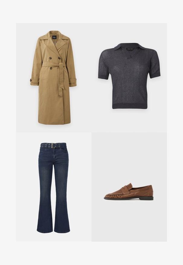 Khaki trench coat vyrobený z textílie, s dvojradovým zapínaním vpredu, veľkými gombíkmi a opaskom na zaväzovanie so zrolovanými rukávmi.; Tmavosivý krátky rukáv rebrovaný pletený top s výstrihom do V a priliehavým lemom, označený Anna Field.; Tmavomodré džíny s vysokým pásom a rozšírenými nohavicami, so spodnými vreckami a zodpovedajúcim opaskom s kovovými očkami a obdĺžnikovou prackou.; Hnedá kožená mokasína s plochou podrážkou, skladanou textúrou a ozdobným remienkom cez priehlavok. Gumená podrážka pre priľnavosť a odolnosť.