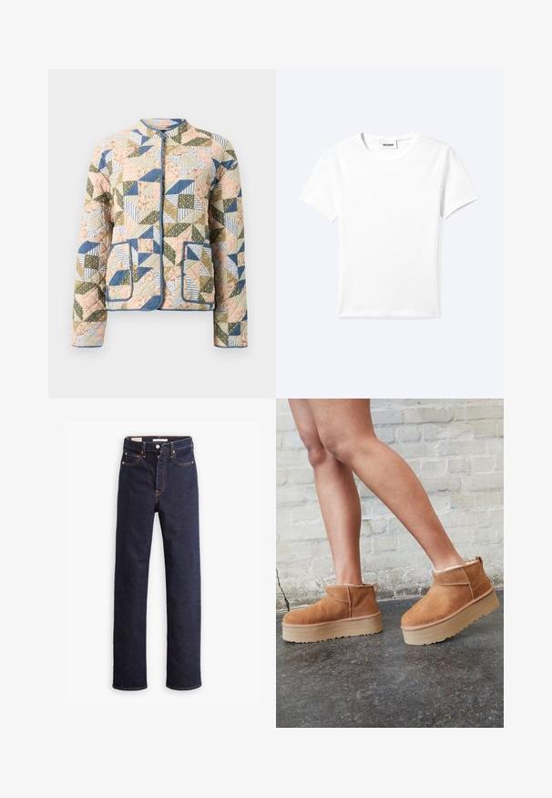 Gequilte jas met een patchworkontwerp in pastelkleuren, met bloemen- en gestreepte patronen, blauwe accenten en twee voorzakken.; Effen wit T-shirt met korte mouwen en ronde hals met een klein "WEEKDAY" label aan de binnenkant van de hals, plat neergelegd op een lichte achtergrond.; Donkerblauwe straight-leg denim jeans met vijf zakken en zichtbare oranje stiksels op een witte achtergrond.; Bruine suède enkelboots met een zachte voering, dikke beige plateauzool en een achterste lus. Getextureerde oppervlakte met zichtbare stiksels.