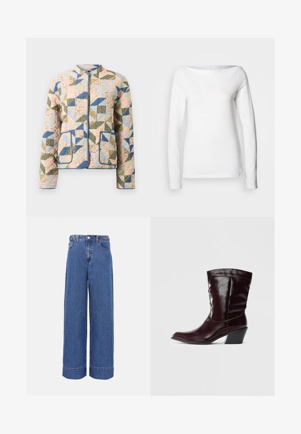 Gequilte jas met een patchworkontwerp in pastelkleuren, met bloemen- en gestreepte patronen, blauwe accenten en twee voorzakken.; Wit katoenen shirt met lange mouwen, een brede boothals en een aansluitende pasvorm. Gladde textuur zonder zichtbare patronen of accenten.; Blauwe denim jeans met wijde pijpen, gevlochten tailleband, knopen aan de voorkant en zakken, weergegeven op een effen achtergrond.; Bordeaux leren enkellaarsjes met een spitse neus, textuur op het oppervlak en een taps toelopende lage hak. Heeft subtiele stiksels en een strakke pasvorm.