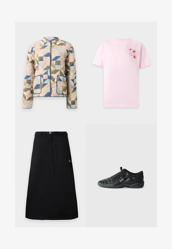 Gequilte jas met een patchworkontwerp in pastelkleuren, met bloemen- en gestreepte patronen, blauwe accenten en twee voorzakken.; Lichtroze T-shirt met korte mouwen met kleine rode tomaatgrafische afbeeldingen en cirkelvormige tekst aan de bovenste linkerborst.; Zwarte midilange rok met verstelbare taillebandriem en het The North Face-logo aan de rechterkant.; Zwarte leren sportschoen met een gequilt ontwerp, ronde neus, vetersluiting aan de voorkant en rubberen zool. Heeft subtiele branding aan de zijkant.