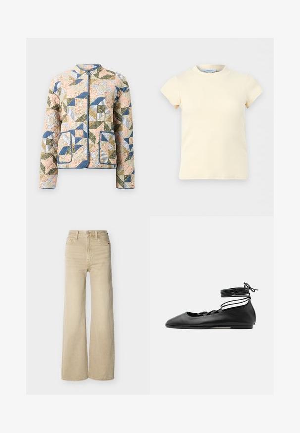 Veste matelassée avec un design patchwork dans des couleurs pastel, comprenant des motifs floraux et rayés, un contour bleu et deux poches avant.; Haut écru côtelé à manches courtes avec col rond, en tissu extensible, présenté sur un fond gris clair uni.; Jean beige taille haute, jambe large, avec bouton et fermeture éclair à l'avant, poches avant et arrière, et passants pour ceinture sur fond blanc.; Chaussure de ballet plate en cuir noir avec un bout pointu, plusieurs fines brides sur le dessus et des lacets enroulés autour de la cheville.