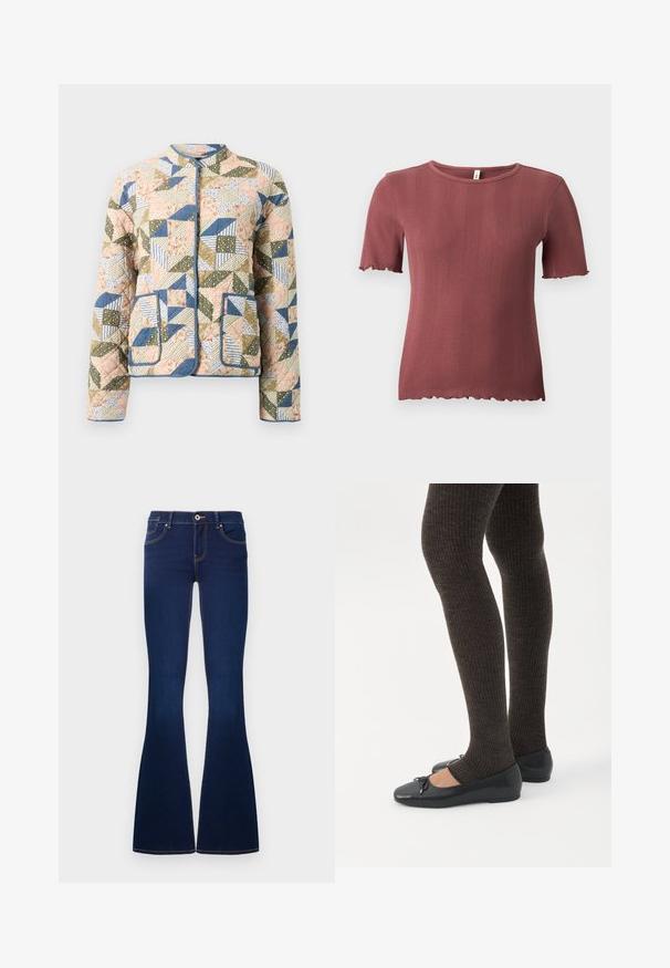 Gequilte jas met een patchworkontwerp in pastelkleuren, met bloemen- en gestreepte patronen, blauwe accenten en twee voorzakken.; Korte mouw, geribbelde gebreide top in stoffige roos met een ronde hals en subtiele slabrandafwerking aan de mouwen en zoom.; Donkerblauwe spijkerbroeken met flares, voorzien van een voorste knoop, rits, riemlussen en vijf zakken, weergegeven tegen een witte achtergrond.; Benen met donkere geribbelde leggings gecombineerd met zwarte ballerina's met kleine strikdetails op een witte achtergrond.