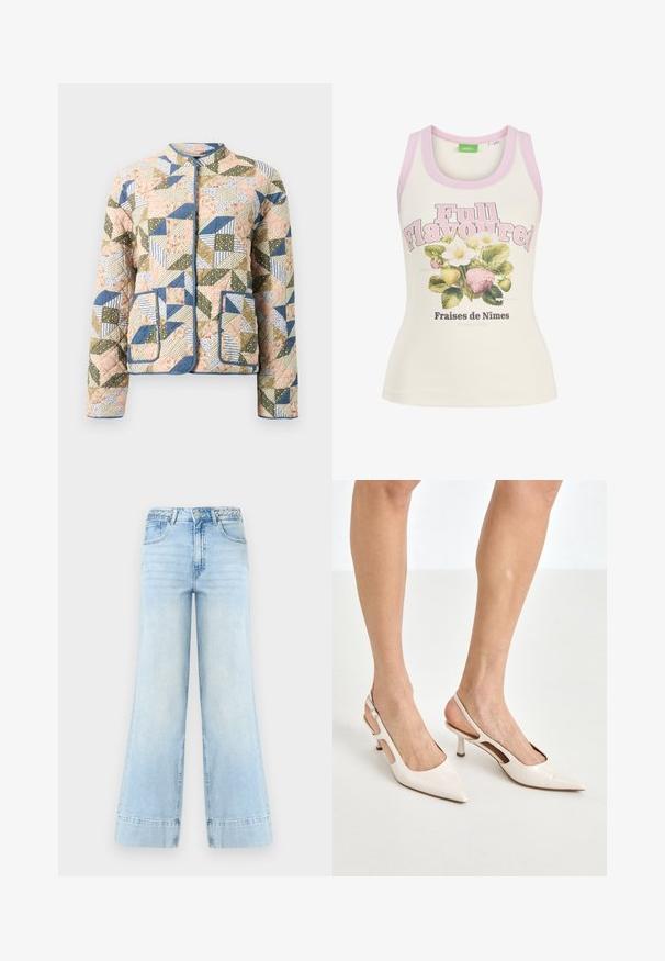 Veste matelassée avec un design patchwork dans des couleurs pastel, comprenant des motifs floraux et rayés, un contour bleu et deux poches avant.; Débardeur crème avec bordure rose, texte « Full Flavoured » et illustration de fraises et de fleurs blanches avec texte en français en dessous.; Jean large bleu clair à taille haute, passants de ceinture tressés, bouton frontal, fermeture éclair et deux poches sur fond blanc.; Escarpins à talon slingback en cuir verni beige avec un bout pointu et un talon de 5 cm, présentant des côtés découpés et une fine bride à la cheville.