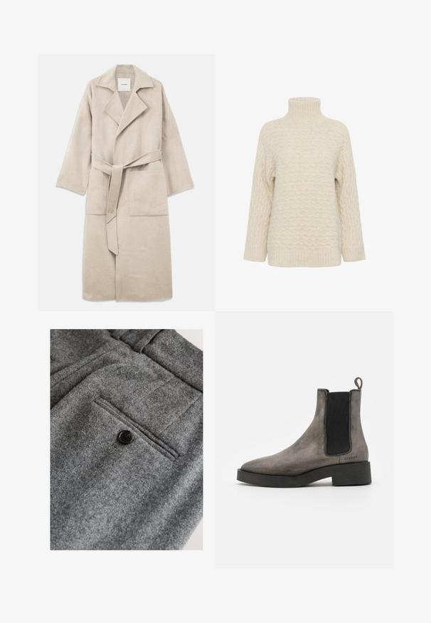 Beige uldblandingsfrakke med spidse krave, lange ærmer, bælte og to forlommer, med en blød tekstur og afslappet pasform.; Cremefarvet sweater med høj hals og tekstureret bølgemønster. Har lange ærmer og ribbet kant, fremstillet af et blødt materiale.; Grå uldbukser med flad front, en enkelt baglomme med en sort knap og en blød, tekstureret finish.; Grå læder chelsea støvle med tekstureret finish, elastiske sidedele, hængestrop og sort gummisål. Slank, taperet design med minimale accenter.