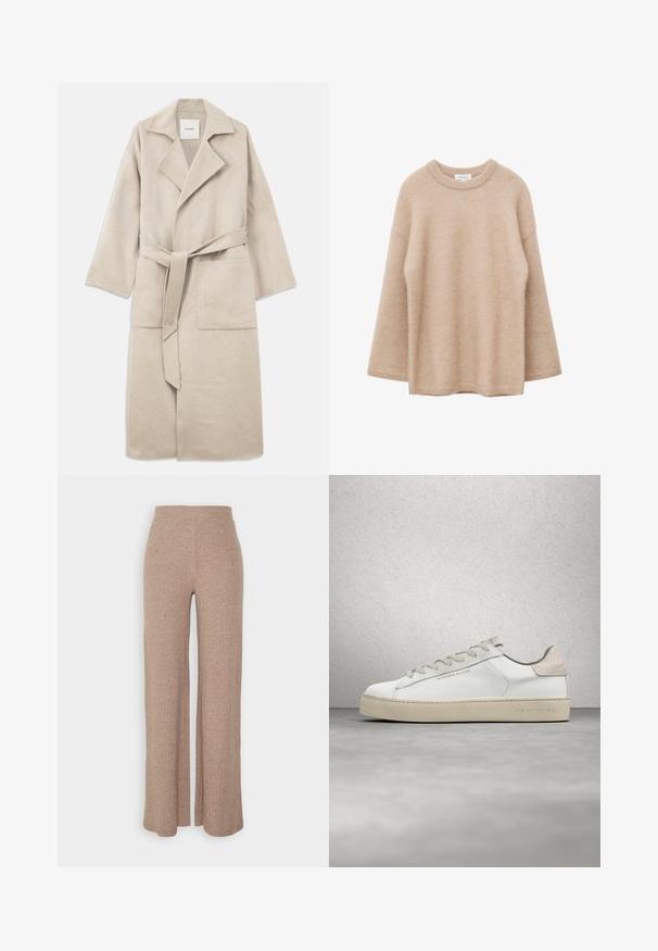 Abrigo de mezcla de lana beige con cuello de muesca, mangas largas, cinturón y dos bolsillos delanteros, con una textura suave y ajuste relajado.; Jersey beige de manga larga con cuello redondo, textura suave y peluda, y un corte holgado, mostrado sobre un fondo blanco.; Pantalones de pierna ancha de canalé en color beige con una cinturilla alta y textura suave, que presentan un corte holgado y sin cierres visibles.; Zapatilla de deporte blanca de cuero con un acabado suave, acentos de gamuza beige, punta redonda, diseño plano con cordones y suela de goma texturizada.
