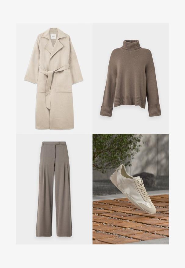 Abrigo de mezcla de lana beige con cuello de muesca, mangas largas, cinturón y dos bolsillos delanteros, con una textura suave y ajuste relajado.; Jersey de punto acanalado suelto en color topo con puños anchos y un grueso cuello de tortuga enrollado.; Pantalones de pierna ancha en tela de color marrón claro, con pliegues, parte delantera plana y dobladillo limpio. Textura suave con un ligero brillo.; Zapatilla beige de Calvin Klein flotando sobre una superficie exterior de madera y guijarros con patrones, con vegetación y una pared de hormigón al fondo.
