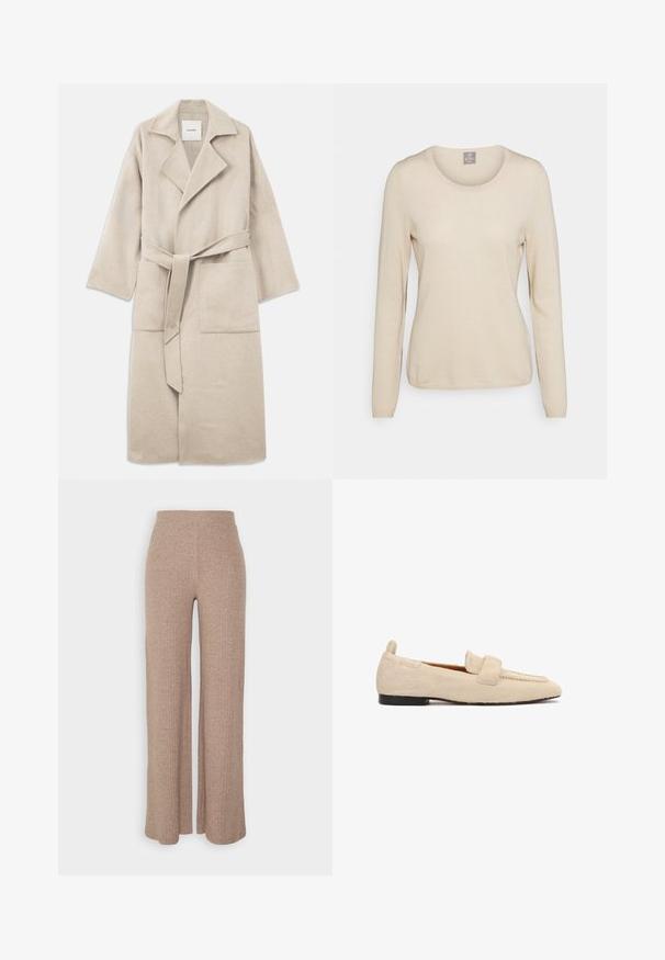 Beige uldblandingsfrakke med spidse krave, lange ærmer, bælte og to forlommer, med en blød tekstur og afslappet pasform.; FTC Cashmere Striktrøje - oatmeal; Beige ribbede vide bukser med høj talje og blød tekstur, der har en løs pasform og ingen synlige lukninger.; Beige flad loafer med en tekstureret, pelslignende overflade, sort sål og en bred rem tværs over skoens øverste del.