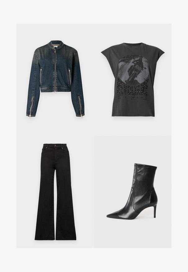 Veste en denim foncé, cropped, avec un col haut, fermeture éclair frontale et deux poches latérales zippées. Équipée de matériaux en métal argenté élégants et d'une texture légèrement délavée.; Débardeur noir avec un graphique de moto et le mot "REVOLTAIRE" orné de petits clous brillants à l'avant.; Jean flare noir en denim avec taille haute, présentant des poches avant et des garnitures métalliques sur le bouton et les rivets.; Bottes noires à la cheville en cuir lisse, dotées d'un bout pointu, d'un tige ajustée et d'un talon haut fin. Design minimaliste sans quincaillerie visible.