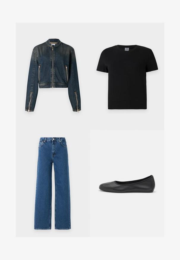 Donkerdenim cropped jack met hoge kraag, ritssluiting aan de voorkant en twee zijzakken met rits. Heeft slanke zilverkleurige hardware en een licht vervaagde textuur.; Zwart katoenen t-shirt met een ronde hals en korte mouwen. Eenvoudig ontwerp, geen patronen of accenten, met een recht gesneden taille.; Blauwe hoge taille wijde pijpen jeans met sluiting met knoop en rits aan de voorkant, voorzakken en riemlussen op een witte achtergrond.; Zwarte leren ballerina met een ronde neus, gladde textuur, minimale stikdetails en een flexibele zoolontwerp.