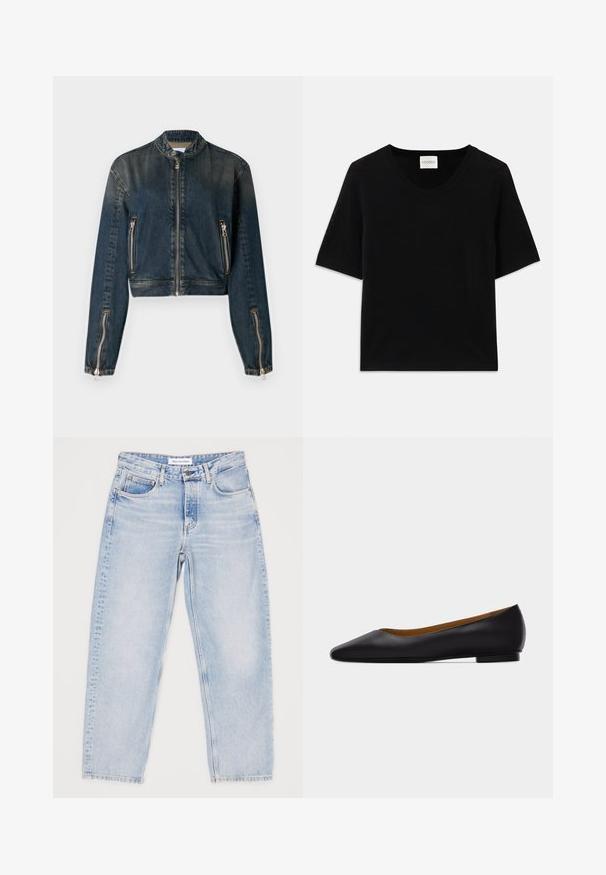 Donkerdenim cropped jack met hoge kraag, ritssluiting aan de voorkant en twee zijzakken met rits. Heeft slanke zilverkleurige hardware en een licht vervaagde textuur.; Zwarte gebreide top met korte mouwen en een ronde halslijn. Heeft een soepele textuur en ribbelaccenten langs de halslijn en mouwen.; Lichtblauwe denim jeans met een relaxte pasvorm, vijf zakken en een rechte pijpdesign. Vervaagde textuur, bovenste knoop en ritsluiting.; Zwarte leren puntschoen met lage hak en gladde afwerking, zijaanzicht op een lichtgrijze achtergrond.