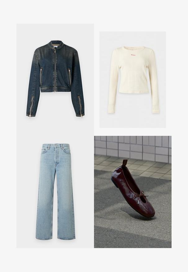 Donkerdenim cropped jack met hoge kraag, ritssluiting aan de voorkant en twee zijzakken met rits. Heeft slanke zilverkleurige hardware en een licht vervaagde textuur.; Crèmekleurig geribd shirt met lange mouwen, ronde hals en kleine rode "Mother" tekst geborduurd op de borst.; Lichtblauwe wijde jeans van denimstof met een hoge taille. Voorzien van vijf zakken, een knoopsluiting en een subtiele verweerde textuur.; Glanzende donkerrode balletschoen met een kleine strik bovenop, rechtop geplaatst op een gestructureerde ondergrond nabij een betegelde muur op de achtergrond.