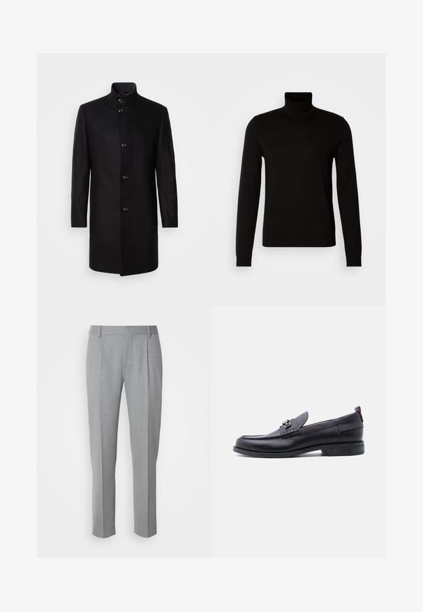 Manteau en mélange de laine noir avec un col haut, fermeture à boutons à l'avant, manches longues et silhouette épurée. Aucun motif ni ornement.; Pull col roulé noir en tissu tricoté fin, doté de manches longues et d'une silhouette ajustée. Texture lisse avec des poignets côtelés.; Pantalons gris sur mesure avec une texture lisse, présentant un devant plat, des jambes droites et de légères pinces pour plus de détail.; Mocassin en cuir noir avec empeigne texturée grise, détail boucle en métal argenté, petit talon et languette à l'arrière.