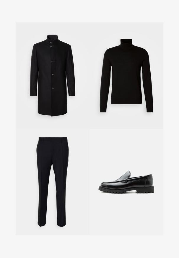Manteau en mélange de laine noir avec un col haut, fermeture à boutons à l'avant, manches longues et silhouette épurée. Aucun motif ni ornement.; Pull col roulé noir en tissu tricoté fin, doté de manches longues et d'une silhouette ajustée. Texture lisse avec des poignets côtelés.; Pantalon noir en tissu tissé, à coupe ajustée, avec un devant plat, des poches latérales et une coupe droite.; Mocassin en cuir noir avec semelle en caoutchouc épaisse, dessus cousu et nom de marque embossé sur le talon, présenté de profil sur fond blanc.