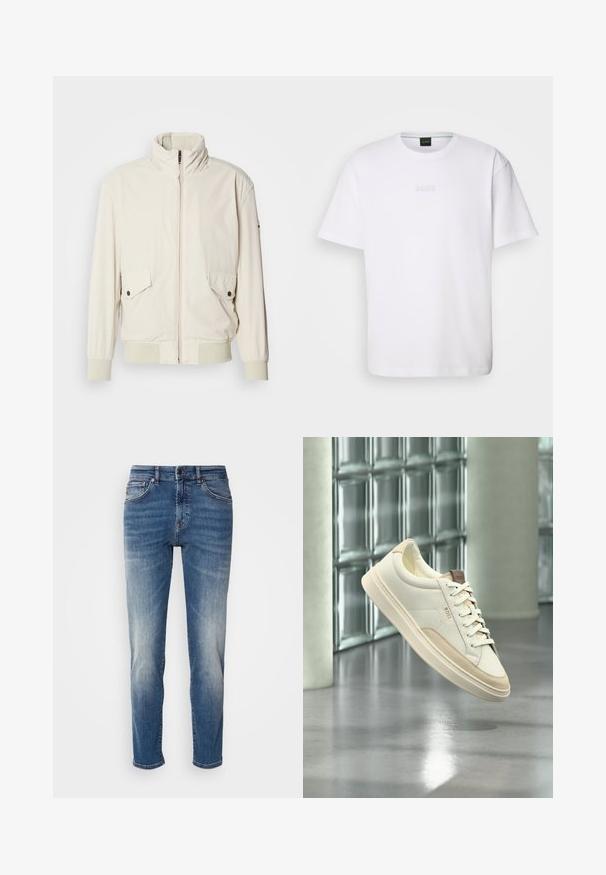 Licht beige jasje met een hoge kraag, ritssluiting, twee klepzakken en ribgebreide manchetten. Gemaakt van een zachte, gladde stof.; Witte katoenen T-shirt met korte mouwen, ronde halslijn en reliëf 'BOSS' logo op de borst. Veilig textuur, standaard pasvorm.; Blauwe denim jeans met een recht model, lichte vervaging, klassieke vijf-pocketstijl en een ritssluiting met knoopsluiting.; Witte lage sneaker met beige accenten en veters, met het merk "BOSS", zwevend boven een gepolijste vloer met een glasblokken muur op de achtergrond.