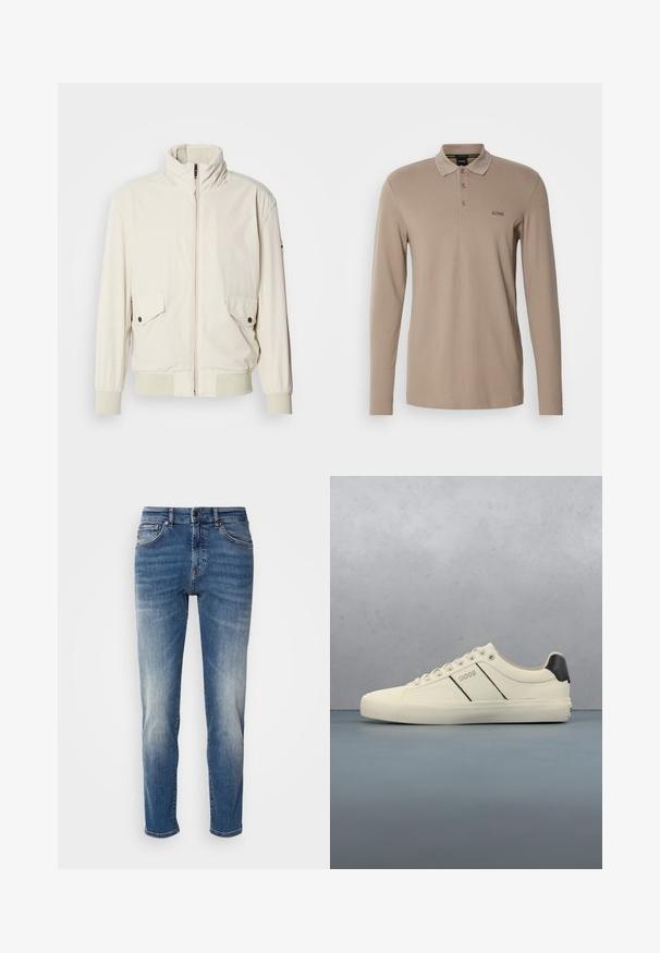 Licht beige jasje met een hoge kraag, ritssluiting, twee klepzakken en ribgebreide manchetten. Gemaakt van een zachte, gladde stof.; Lange mouw polo in lichtbeige, gemaakt van glad katoen. Kenmerkt zich door een klassieke kraag, een drie-knopen sluiting en een geborduurd logo.; Blauwe denim jeans met een recht model, lichte vervaging, klassieke vijf-pocketstijl en een ritssluiting met knoopsluiting.; Crème-kleurige sneakers met een gladde textuur, voorzien van zwarte accenten en branding. Tijdloos vetersysteem met een ronde neus en rubberen zool.