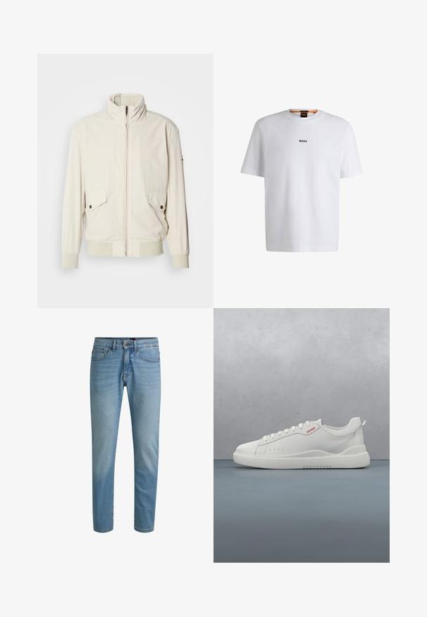 Licht beige jasje met een hoge kraag, ritssluiting, twee klepzakken en ribgebreide manchetten. Gemaakt van een zachte, gladde stof.; Witte katoenen T-shirt met korte mouwen, voorzien van een zwart "BOSS"-logo in het midden van de borst en een ronde halsontwerp.; Lichtblauwe spijkerbroek van denim met een rechte pijp, een ontwerp met vijf zakken en lichte vervaging. Voorzien van een knoopsluiting en riemlussen.; Witte sneaker met een gladde leren afwerking, ronde neus, vier veterogen, subtiele perforaties en een rood logo detail aan de zijkant.