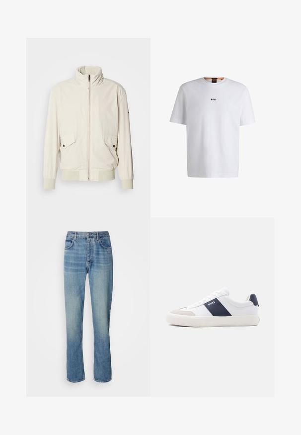 Licht beige jasje met een hoge kraag, ritssluiting, twee klepzakken en ribgebreide manchetten. Gemaakt van een zachte, gladde stof.; Witte katoenen T-shirt met korte mouwen, voorzien van een zwart "BOSS"-logo in het midden van de borst en een ronde halsontwerp.; Lichtblauwe rechte spijkerbroek met een hoge taille, een frontknop, ritssluiting en een vijf-pocket ontwerp.; Witte lage sneaker met marineblauwe zijstreep, "BOSS"-logo, beige neuskap en witte zool, in profiel weergegeven tegen een lichte achtergrond.
