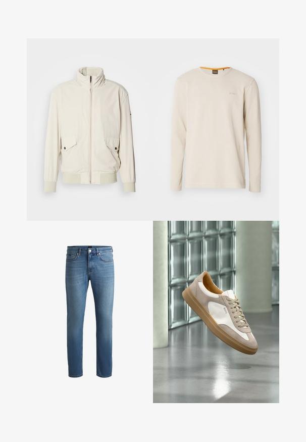 Lys beige jakke med høj krave, lynlås, to klaplommer og ribbede manchetter. Fremstillet af et blødt, glat materiale.; Lys beige langærmet t-shirt lavet af struktureret stof. Har en rund hals og et lille logo på brystet med en orange detalje indeni kraven.; Lyseblå denim jeans med almindelig pasform, der har en glat tekstur, fem-lommers design og en lynlåsåbning med knaplukning.; Beige og hvid sneaker med tan sål og "BOSS" logo, ophængt over en reflekterende glat gulv med glasblokvæg i baggrunden.