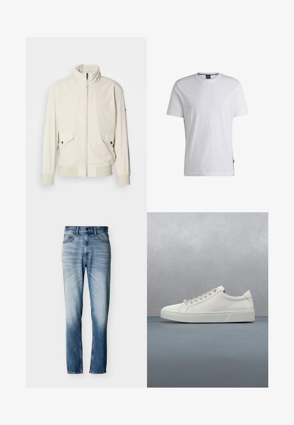 Helle beigefarbene Jacke mit hohem Kragen, Reißverschluss, zwei aufgesetzten Taschen und gerippten Bündchen. Aus einem weichen, glatten Material gefertigt.; Weißes T-Shirt mit kurzen Ärmeln aus Baumwolle. Besitzt einen Rundhalsausschnitt und ein dezentes Markenlabel an der Seite. Glatte Textur und einfaches Design.; Blaue verwaschene Jeans mit geradem Bein, fünf Taschen, Knopfverschluss und Gürtelschlaufen, flach auf weißem Hintergrund ausgelegt.; Weißes Leder-Sneaker mit abgerundetem Zehenbereich, minimalistisches Design, graue Schnürsenkel und einer strukturierten grauen Gummisohle. Dezente Nähte sichtbar.