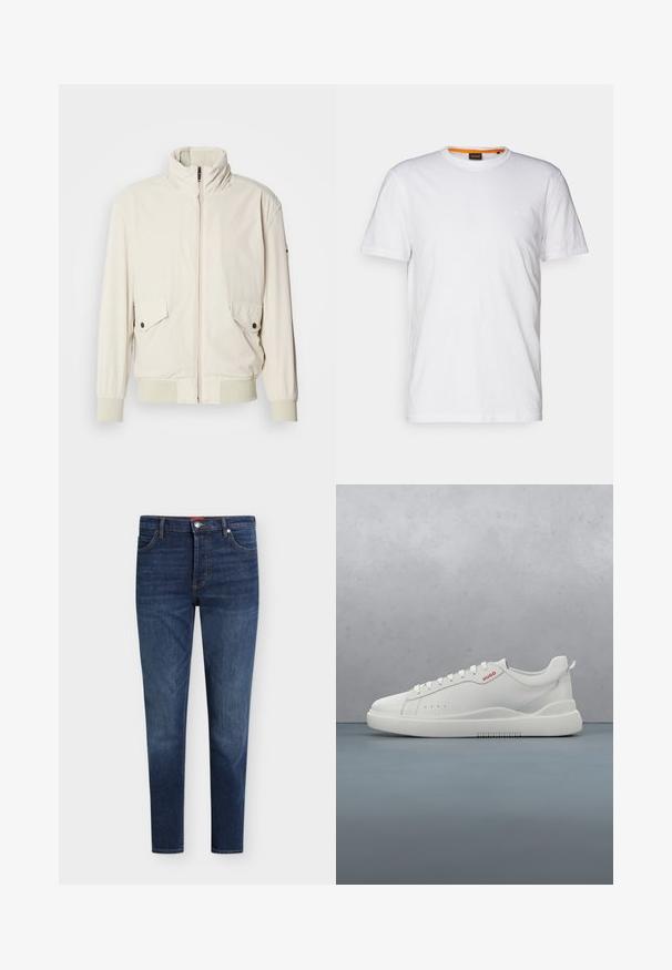 Lys beige jakke med høj krave, lynlås, to klaplommer og ribbede manchetter. Fremstillet af et blødt, glat materiale.; Hvid bomulds T-shirt med rund hals, korte ærmer og et subtilt præget logo på brystet. Indvendigt mærke har en orange detalje.; Mørkeblå slim-fit jeans med forlommer, bæltestropper, knaplukning og subtil falming på lår og knæ.; Hvide sneakers med en glat læderfinish, rund tå, fire snørehuller, subtile perforeringer og en rød logo detalje på siden.