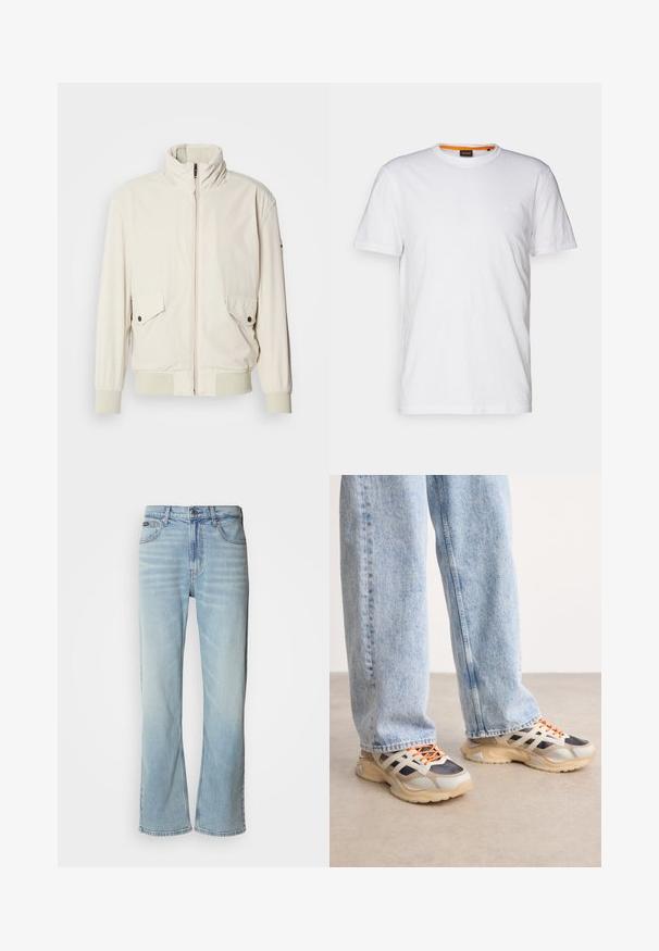 Licht beige jasje met een hoge kraag, ritssluiting, twee klepzakken en ribgebreide manchetten. Gemaakt van een zachte, gladde stof.; Witte katoenen T-shirt met ronde hals, korte mouwen en een subtiel reliëflogo op de borst. Het binnenlabel heeft een oranje accent.; Lichtblauwe denim jeans met een rechte pijp, voorzien van vijf zakken, een knoopsluiting en subtiele vervaging op de stof.; Sportieve sneakers met een mix van grijs, zwart en crème materialen. Kenmerkend door de gestructureerde panelen en oranje veters, met een stevige zool.