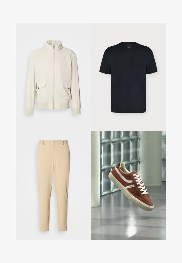 Lys beige jakke med høj krave, lynlås, to klaplommer og ribbede manchetter. Fremstillet af et blødt, glat materiale.; Sort T-shirt med korte ærmer og rund hals samt et lille BOSS-mærke på kraven, vist mod en ensfarvet hvid baggrund.; Beige bukser med struktur i slim fit, med knaplukning foran, bæltestropper og sidelommer. Glat stoffinish.; Brun og hvid lav sneaker med hvide snørebånd og "BOSS"-logo, vist mod en moderne glasblokvæg og poleret gulv.
