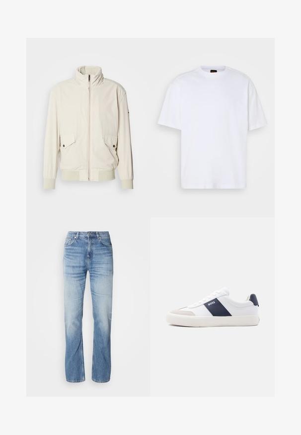 Licht beige jasje met een hoge kraag, ritssluiting, twee klepzakken en ribgebreide manchetten. Gemaakt van een zachte, gladde stof.; Witte katoenen T-shirt met ronde hals, korte mouwen en een ontspannen pasvorm. Heeft textuur op de schoudernaden voor extra detail.; Lichtblauwe denim jeans met een recht gesneden pijp, vervaagde afwerking, vijf zakken en een knoopsluiting. Klassiek ontwerp en gemiddelde dikte.; Witte lage sneaker met marineblauwe zijstreep, "BOSS"-logo, beige neuskap en witte zool, in profiel weergegeven tegen een lichte achtergrond.