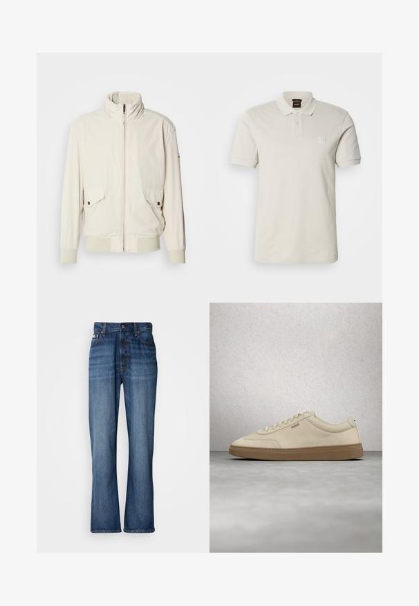 Licht beige jasje met een hoge kraag, ritssluiting, twee klepzakken en ribgebreide manchetten. Gemaakt van een zachte, gladde stof.; Lichtbeige poloshirt gemaakt van glad katoen, met een klassieke kraag, korte mouwen, twee knopen en een klein logoplaatje op de borst.; Blauwe denim jeans met een hoge taille, uitlopende pijpen, vijf-vaks ontwerp en tonale stiksels. Bevat een knopenfly en gestikte zakken.; Lichtbeige suède sneaker met een zool van gumrubber, opvallende veters en subtiele stikdetails. Strak ontwerp met een minimalistische uitstraling.