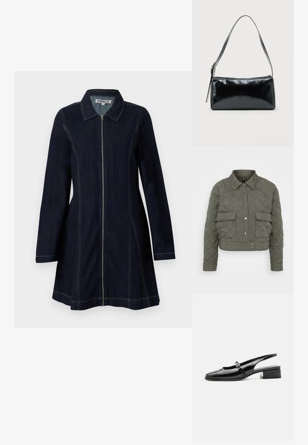 Quiltet cropped jakke i olivengrønt stof, udstyret med knaplukning foran, to brystlommer og diamantmønstre på overfladen.; Mørkeblå denimjakke med lynlås fortil, spids krave, lange ærmer og kontrasterende gul syning på sømme og kanter.; Sort laklæderslingback-sko med lav blokhæl og tynd rem med sølvspænde over toppen.; Sort rektangulær skuldertaske med en enkelt justerbar rem og lynlås i toppen på en ensfarvet baggrund.