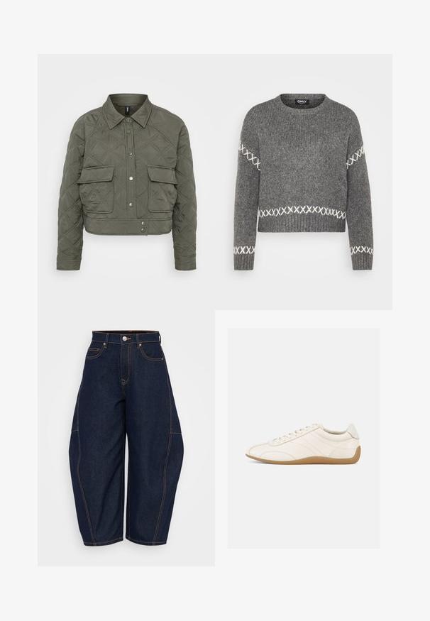 Quiltet cropped jakke i olivengrønt stof, udstyret med knaplukning foran, to brystlommer og diamantmønstre på overfladen.; Grå strikket sweater med rund hals, prydet med hvide korsstingdetaljer på ærmer og kant. Blød tekstur, cropped design.; Mørkeblå denim brede ben jeans med høj talje, kontrasterende orange syninger og forlommer. Har en knaplukning og bæltestropper.; Hvid lædersneaker med en glat tekstur, rund tå og tonale syninger. Har en tanfarvet gummisål og snørebånds-lukning.