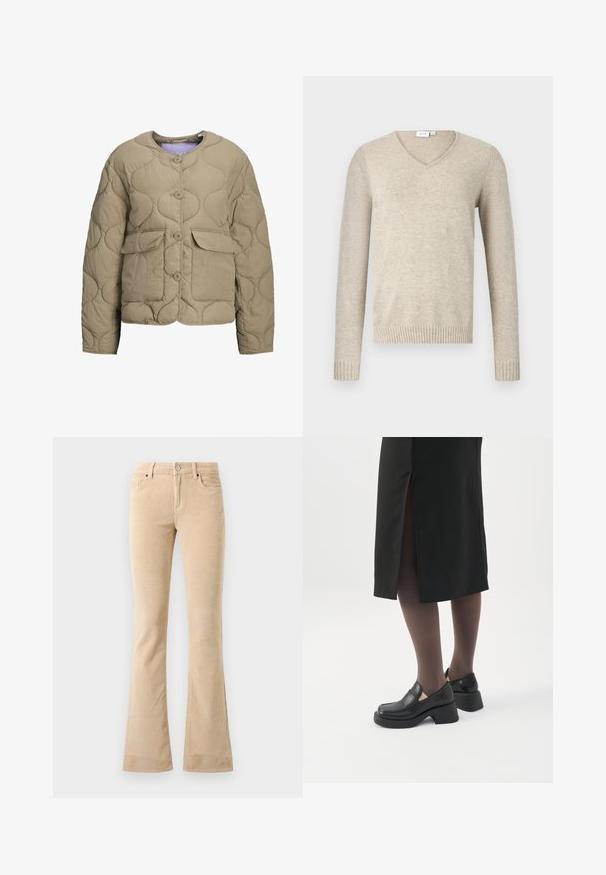 Beige quiltet jakke med rund halsudskæring, frontknapper og to påsyede lommer. Har en puf-tekstur og en afslappet pasform.; Beige V-hals sweater lavet af blødt materiale med lange ærmer og ribbede manchetter. Har et enkelt design uden mønstre eller udsmykninger.; Beige fløjsbukser med flagrende ben, tekstureret finish, to frontlommer, lynlås og detalje med sølvfarvet knap.; Kvinde iført sorte loafers med chunky hæl, sorte tynde strømpebukser og en sort nederdel med slids bagpå på hvid baggrund.
