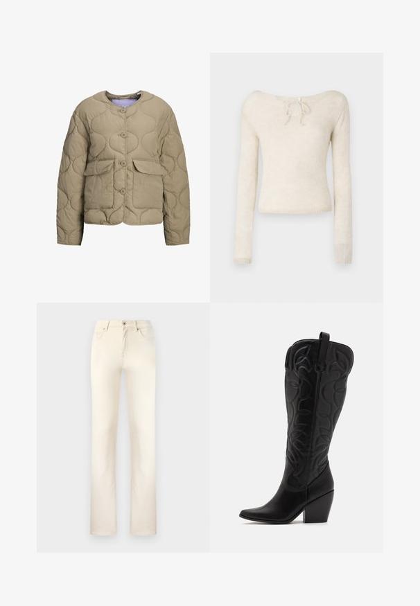 Beige vuorattu takki, jossa on pyöreä kaulus, etunapit ja kaksi läpätaskua. Takissa on paksu rakenne ja rento istuvuus.; Vaalean beige pitkähihaisessa neuleessa on avara kaula-aukko, jossa on nauhadesign, ja se on valmistettu pehmeästä, teksturoidusta neulekankaasta.; Beige farkkuhousut klassisella suoran lahkeen muotoilulla. Ominaisuuksina viisi taskua, vetoketjuflapi ja hillitty ommel saumoissa.; Mustat nahkaiset polven korkeudella olevat saappaat, joissa on terävä kärki ja pinoa muistuttava korko. Koristeena ompelusaumoja ja kaarevia muotoiluelementtejä.