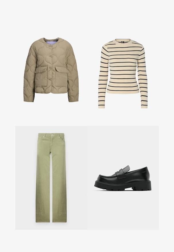 Beige quiltet jakke med rund halsudskæring, frontknapper og to påsyede lommer. Har en puf-tekstur og en afslappet pasform.; Cremefarvet ribbet sweater med sorte horisontale striber, rund halsudskæring og lange ærmer. Har et tætsiddende design og sømløs tekstur.; Grønne bomuldsbukser med lige ben, der har frontlommer, knaplukning og en ren, struktureret stoffinish.; Sorte læder loafers med en chunky tekstureret sål, der har en rem over vamps og en glat, poleret finish.