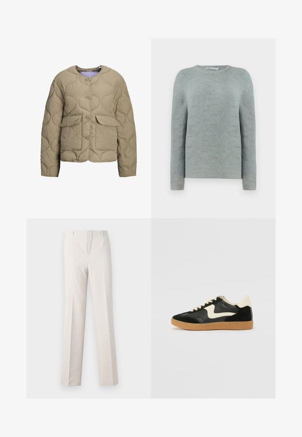 Beige quiltet jakke med rund halsudskæring, frontknapper og to påsyede lommer. Har en puf-tekstur og en afslappet pasform.; Lyseblå strikket sweater med rund halsudskæring, lange ærmer og et tekstureret bølgemønster i hele stoffet.; Beige skræddersyede bukser med lige ben, der har en glat tekstur, to forlommer og ingen synlige hardware detaljer.; Sorte ruskinds- og lædersneakers med en cremefarvet side-swoosh og lys cremefarvet hæl. Har beige snørebånd og en gummirubber-sål.