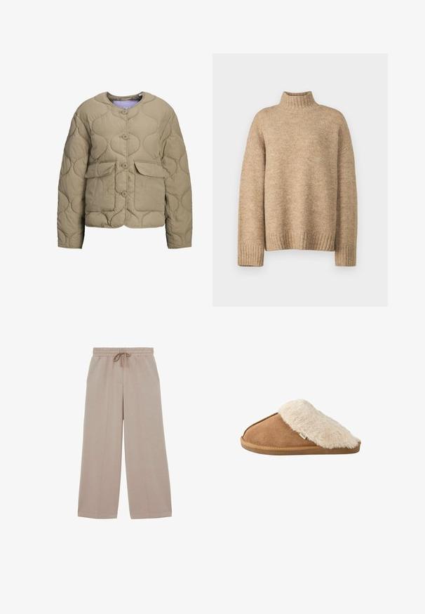 Chaqueta acolchada beige con cuello redondo, botones frontales y dos bolsillos de parche. Presenta una textura acolchada y un ajuste holgado.; Suéter de cuello alto beige hecho de un material de punto suave y texturizado. Presenta puños y dobladillo acanalados, y un ajuste relajado. Diseño clásico y acogedor.; Pantalones beige de pierna ancha con cintura elástica y cordón, con detalles de costura frontal y un corte relajado.; Zapatilla marrón tipo slip-on con forro y suela de pelo sintético beige suave, vista lateral sobre fondo blanco.