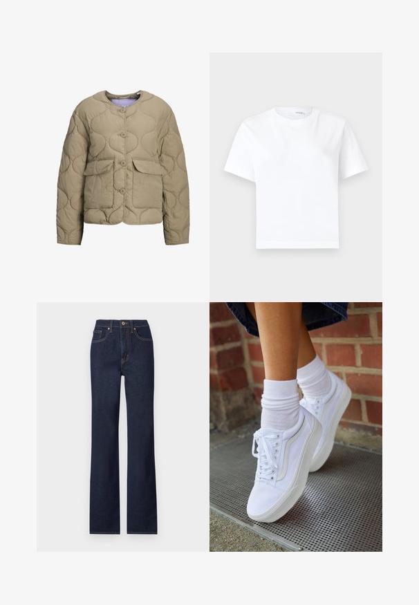 Beige quiltet jakke med rund halsudskæring, frontknapper og to påsyede lommer. Har en puf-tekstur og en afslappet pasform.; Hvid kortærmet bomuld t-shirt med rund halsudskæring og lige kant, vist på en hvid baggrund.; Mørkeblå denim jeans med lige ben, featuring en frontlukning med knap, fem lommer og kontrasterende syninger.; Hvide lærreds sneakers med gummisåler, der har seks snørehuller, rund tå og let sømdetaljer, krydret med hvide ankelstrømper.
