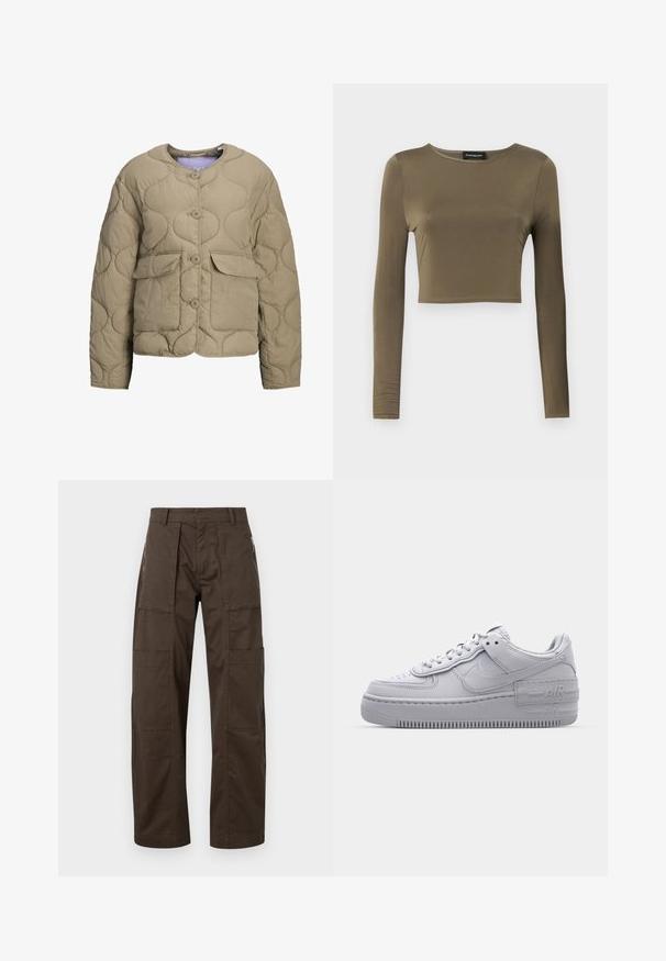 Beige quiltet jakke med rund halsudskæring, frontknapper og to påsyede lommer. Har en puf-tekstur og en afslappet pasform.; Oliven grøn, langærmet cropped top i et glat, strækbart stof; har en rund halsudskæring og en skræddersyet pasform med færdige kanter.; Brune cargo bukser lavet af holdbart stof med flere lommer, en afslappet pasform og fremtrædende syninger for øget holdbarhed.; Grå Nike Air Force 1 sneakers med perforeret tå, glat læderoverdel, tyk sål og præget 'AIR' detalje på hælen.