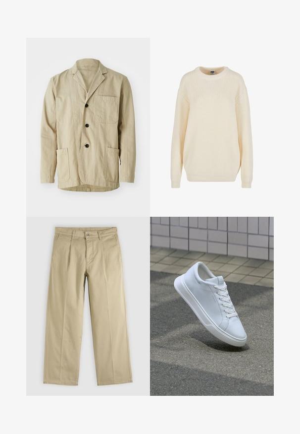 Veste en coton beige avec un col à revers, trois boutons, trois poches et un ourlet droit. Tissu texturé avec un design minimaliste.; Pull en maille côtelée couleur crème avec un col rond, des épaules tombantes et une coupe décontractée ; il possède un tricot texturé et des poignets côtelés.; Pantalon beige droit avec plis sur le devant, passants pour ceinture, poches latérales et fermeture par bouton à la taille.; Baskets basses blanches à lacets flottant au-dessus d’un bitume texturé et d’une surface carrelée beige en arrière-plan.