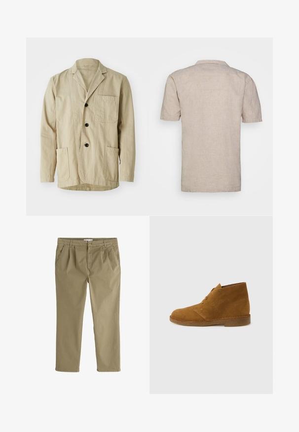 Veste en coton beige avec un col à revers, trois boutons, trois poches et un ourlet droit. Tissu texturé avec un design minimaliste.; Chemise en lin beige à manches courtes avec un col, dotée d'un tissu texturé et d'un ourlet droit, sans motifs visibles ni accents.; Pantalon beige décontracté avec fermeture par bouton et zip, poches avant, passants de ceinture et coupe droite.; Botte désert en daim marron montant à la cheville avec deux œillets et semelle en crêpe sur fond gris clair uni.