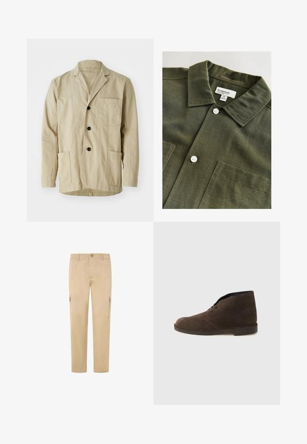 Veste en coton beige avec un col à revers, trois boutons, trois poches et un ourlet droit. Tissu texturé avec un design minimaliste.; Chemise vert olive avec col, deux poches avant et boutons blancs. Confectionnée dans un tissu texturé, présentant des lignes horizontales.; Pantalons cargo beiges en coton, avec une coupe droite, deux poches latérales et une fermeture à bouton à la taille. Texture lisse.; Botte cheville en daim marron avec deux œillets, talon bas et semelle cousue sur un fond gris clair uni.