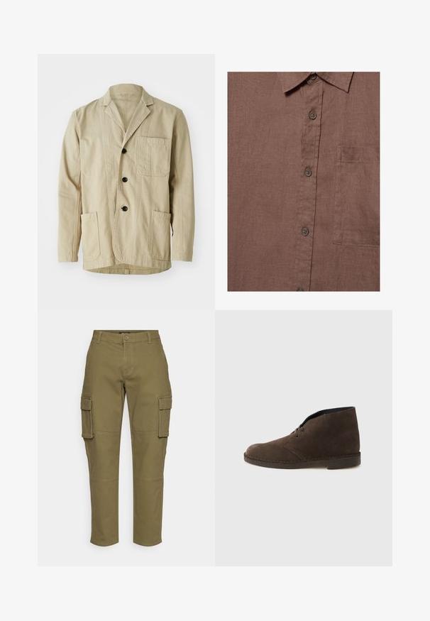 Veste en coton beige avec un col à revers, trois boutons, trois poches et un ourlet droit. Tissu texturé avec un design minimaliste.; Chemise en lin marron vue de face montrant le col, quatre boutons et une poche poitrine du côté droit.; Pantalons cargo vert olive avec un design à jambes droites, dotés de poches latérales, d'une fermeture à bouton et de détails de couture visibles. Fabriqués en tissu durable.; Botte cheville en daim marron avec deux œillets, talon bas et semelle cousue sur un fond gris clair uni.