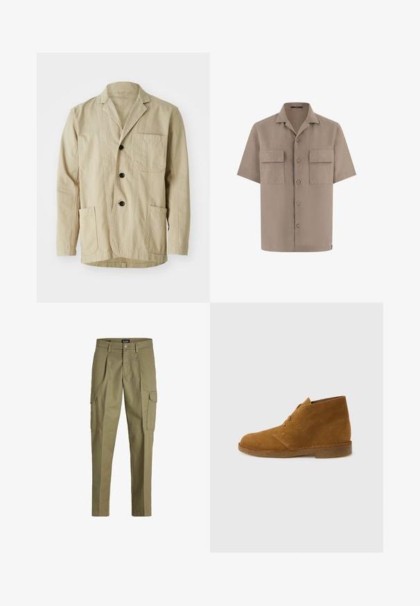 Veste en coton beige avec un col à revers, trois boutons, trois poches et un ourlet droit. Tissu texturé avec un design minimaliste.; Chemise beige à manches courtes avec boutons, deux poches à rabat sur le devant et col sport, présentée sur un fond blanc.; Pantalons cargo en vert olive, fabriqués en tissu durable, avec des plis, deux poches latérales et une taille ajustable avec une fermeture à bouton.; Botte désert en daim marron montant à la cheville avec deux œillets et semelle en crêpe sur fond gris clair uni.