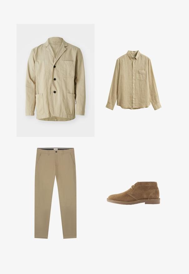 Beige puuvillatakki, jossa on lovellinen kaulus, kolme nappia, kolme taskua ja suora helma. Teksturoitu kangas minimalistisella muotoilulla.; Beige pitkähihainen napitettava pellavapaita, jossa on rintatasku ja kauluksen napit, valkoisella taustalla.; Vaaleat chinousut, jotka on valmistettu sileästä puuvillasta. Niissä on suora lahje, yksittäinen nappikiinnitys ja kaksi sivutaskua. Huomaamaton ompelu yksityiskohtia.; Ruskea mokkanahkainen nilkkapitoinen vapaa-ajan kenkä, jossa on kaksi nyörireikää ja ommeltu pohja valkoisella taustalla, sivuprofiili.