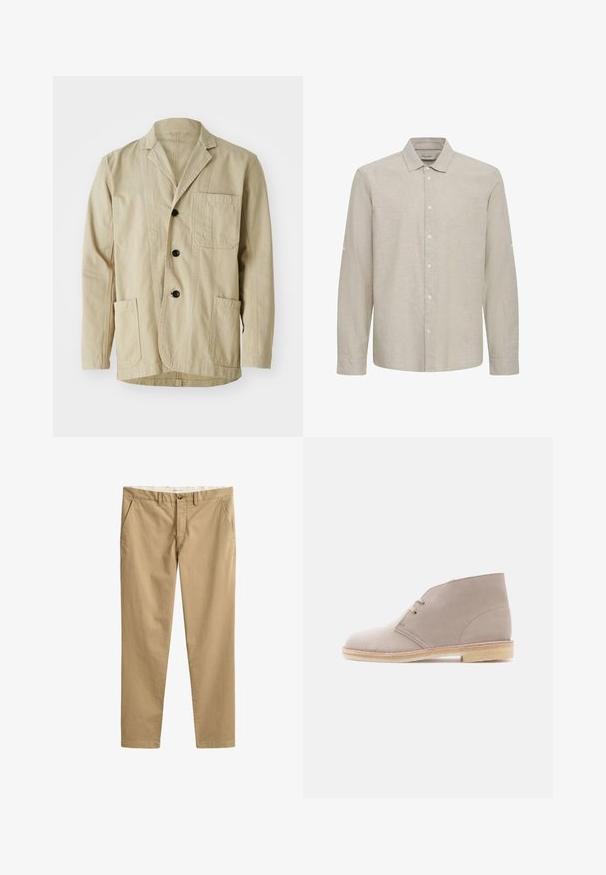 Veste en coton beige avec un col à revers, trois boutons, trois poches et un ourlet droit. Tissu texturé avec un design minimaliste.; Blend BHABAN - Chemise - crockery; Chinos beige à jambes droites avec passants de ceinture, bouton devant, fermeture éclair et poches latérales, présentés à plat sur fond blanc.; Bottine en cuir suédé beige à deux œillets avec lacets, semelle en crêpe et petit talon empilé, vue de profil sur un fond uni.