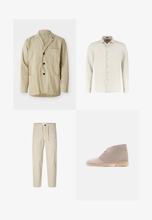 Veste en coton beige avec un col à revers, trois boutons, trois poches et un ourlet droit. Tissu texturé avec un design minimaliste.; Chemise beige à manches longues avec boutons, col pointu et tissu texturé, présentée sur un fond blanc uni.; Selected Slim Tapered Linen Blend - Pantalon classique - vetiver; Bottine en cuir suédé beige à deux œillets avec lacets, semelle en crêpe et petit talon empilé, vue de profil sur un fond uni.