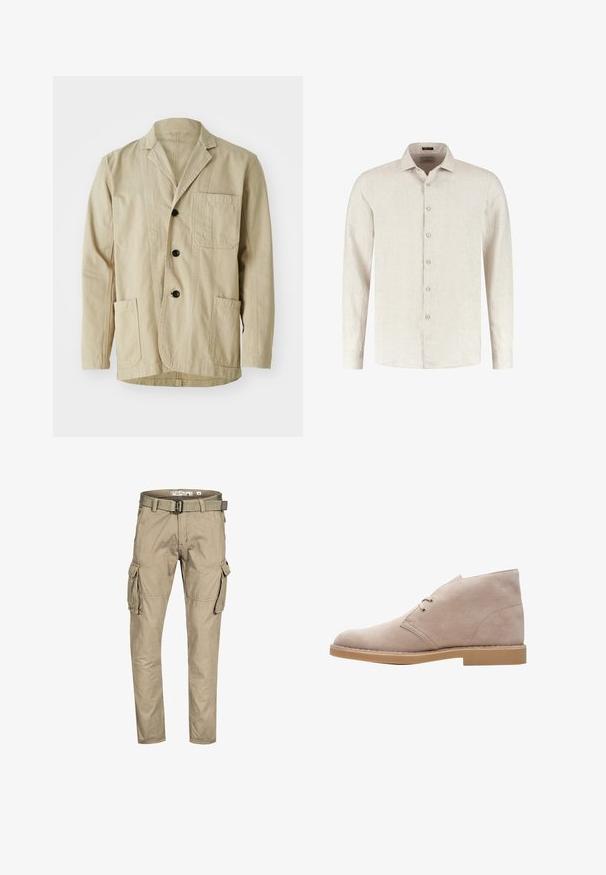 Veste en coton beige avec un col à revers, trois boutons, trois poches et un ourlet droit. Tissu texturé avec un design minimaliste.; Chemise beige à manches longues avec boutons, col pointu et tissu texturé, présentée sur un fond blanc uni.; Pantalon cargo beige avec plusieurs poches, y compris des poches à rabat sur les côtés, et une ceinture assortie en tissu avec boucle de fixation.; Bottine en suede beige avec un bout arrondi, deux ouvertures pour lacets et une semelle en caoutchouc tan basse. Elle présente une texture lisse et des détails de couture minimaux.