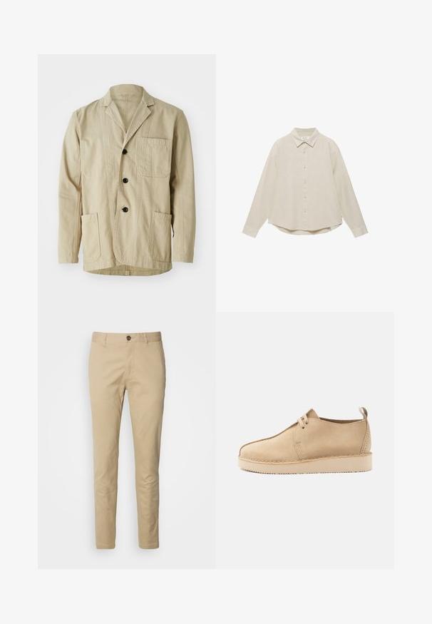 Veste en coton beige avec un col à revers, trois boutons, trois poches et un ourlet droit. Tissu texturé avec un design minimaliste.; Chemise beige à manches longues, boutonnée, avec un col classique et un ourlet droit, présentée à plat sur un fond blanc.; Chinos beiges avec une fermeture à bouton, coupe slim et tissu en coton lisse. Comprend des détails de couture et un design standard à cinq poches.; Chaussure beige en daim à lacets avec bout arrondi, semelle épaisse, et languette de tirage au talon, présentée de profil sur un fond blanc.