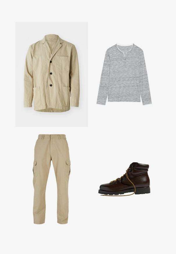 Veste en coton beige avec un col à revers, trois boutons, trois poches et un ourlet droit. Tissu texturé avec un design minimaliste.; Chemise henley gris à manches longues avec un motif texturé, patte de boutonnage à trois boutons et un col blanc contrasting. Finition en tissu doux.; Pantalons cargo beiges en toile de coton, dotés de plusieurs poches latérales, d'un design à jambes droites et d'une fermeture éclair avec passants de ceinture.; Bottine de randonnée en cuir marron avec un bout arrondi, surface texturée, lacets jaunes et œillets en métal. Dotée d'une semelle en caoutchouc noir robuste.