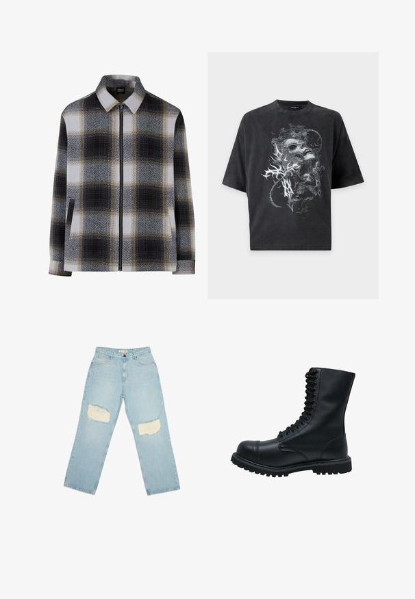 Kragenjacke im karierten Muster, mit schwarz, weiß und beige Farbtönen. Reißverschluss und zwei Seitentaschen. Weicher Stoff.; Schwarzes oversized Kurzarm-T-Shirt mit grauer abstrakter Grafik eines verzerrten Gesichts und organischen Formen auf der Vorderseite.; Helleblaue Jeans mit hoher Taille, geradem Bein und ausgefransten Patches an beiden Oberschenkeln.; Schwarze Leder Schnürstiefel mit runder Zehenkappe, hohem Schaft, dicker Gummisohle und texturierter Oberfläche. Enthält verstärkte Nähte entlang der Nähte.